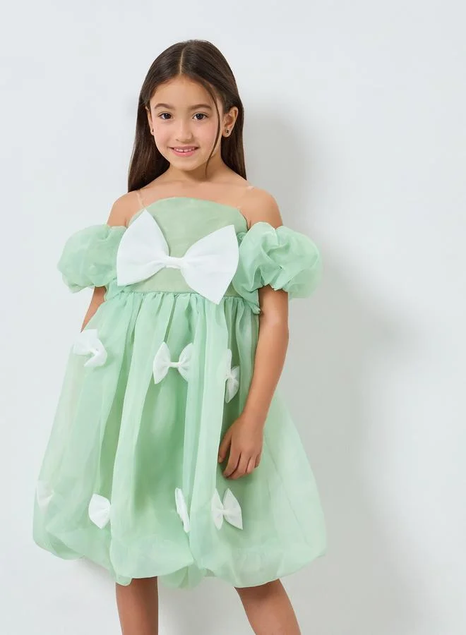 Take Two  Girls Green Puff Sleeve Bow Detail Dress for Women | Best Price UAE